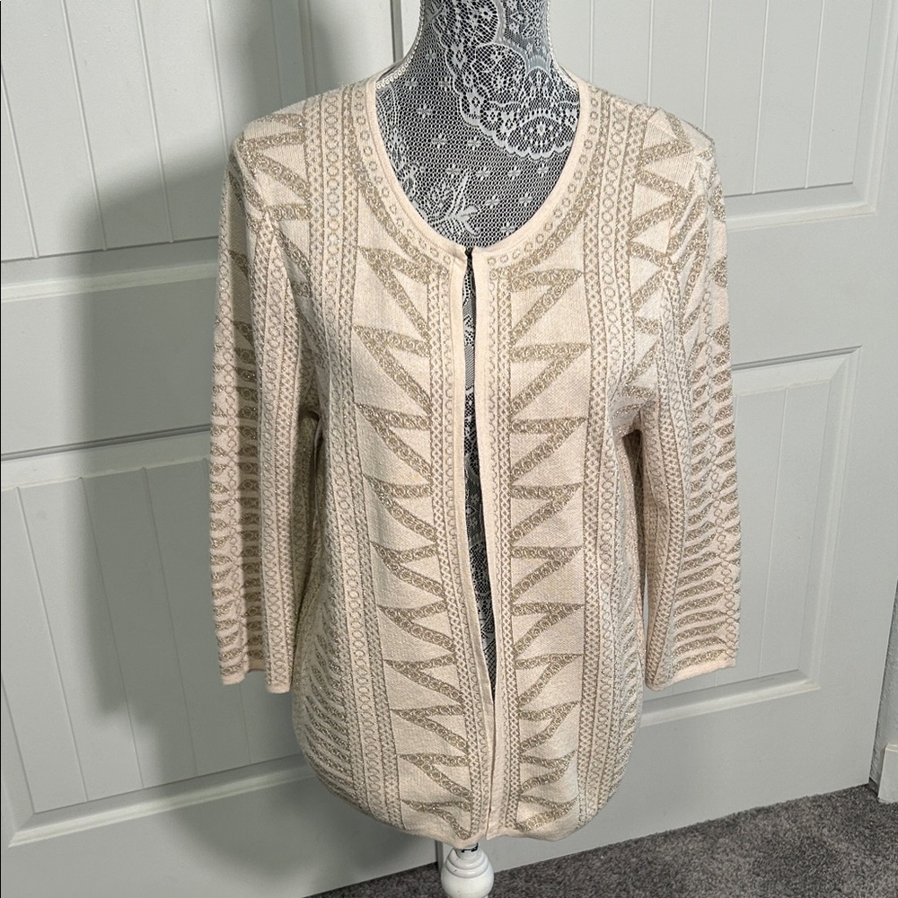 Preston & York Cream and Gold Geometric Cardigan L